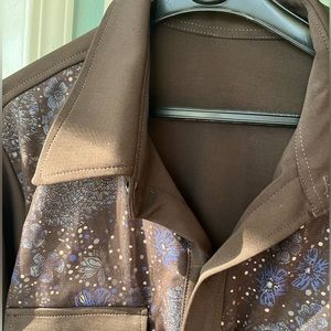 Shirt jacket. Brown with blue detail and sheer mesh overlay panels.